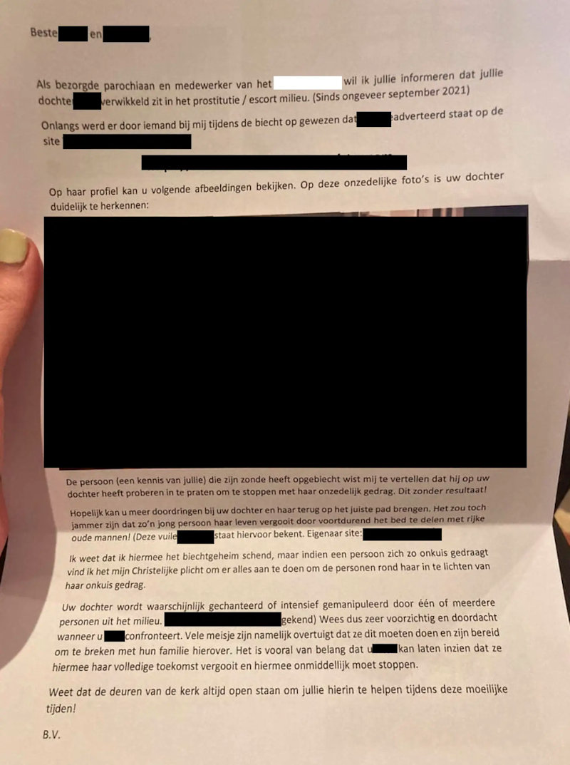 Ouders worden een brief gestuurd over hun dochter met sexwerk